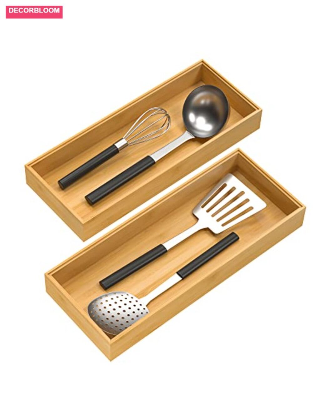 Bamboo Drawer Organizer Stackable Utensil Tray Set of 2 Kitchen Storage